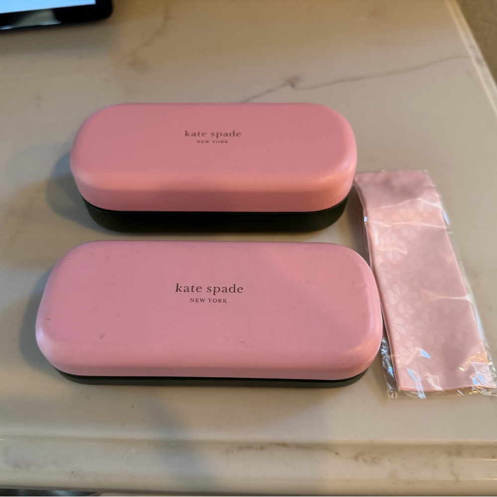 2 Kate Spade Pink and Green Hardshell Glasses Cases & an Unopened Cleaning Cloth